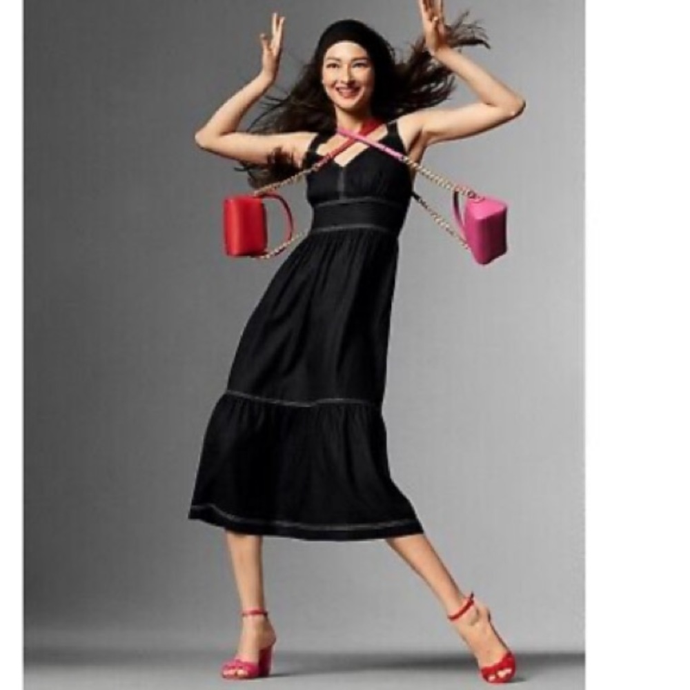 V-NECK SLEEVELESS TIERED LINEN BLEND MAXI DRESS